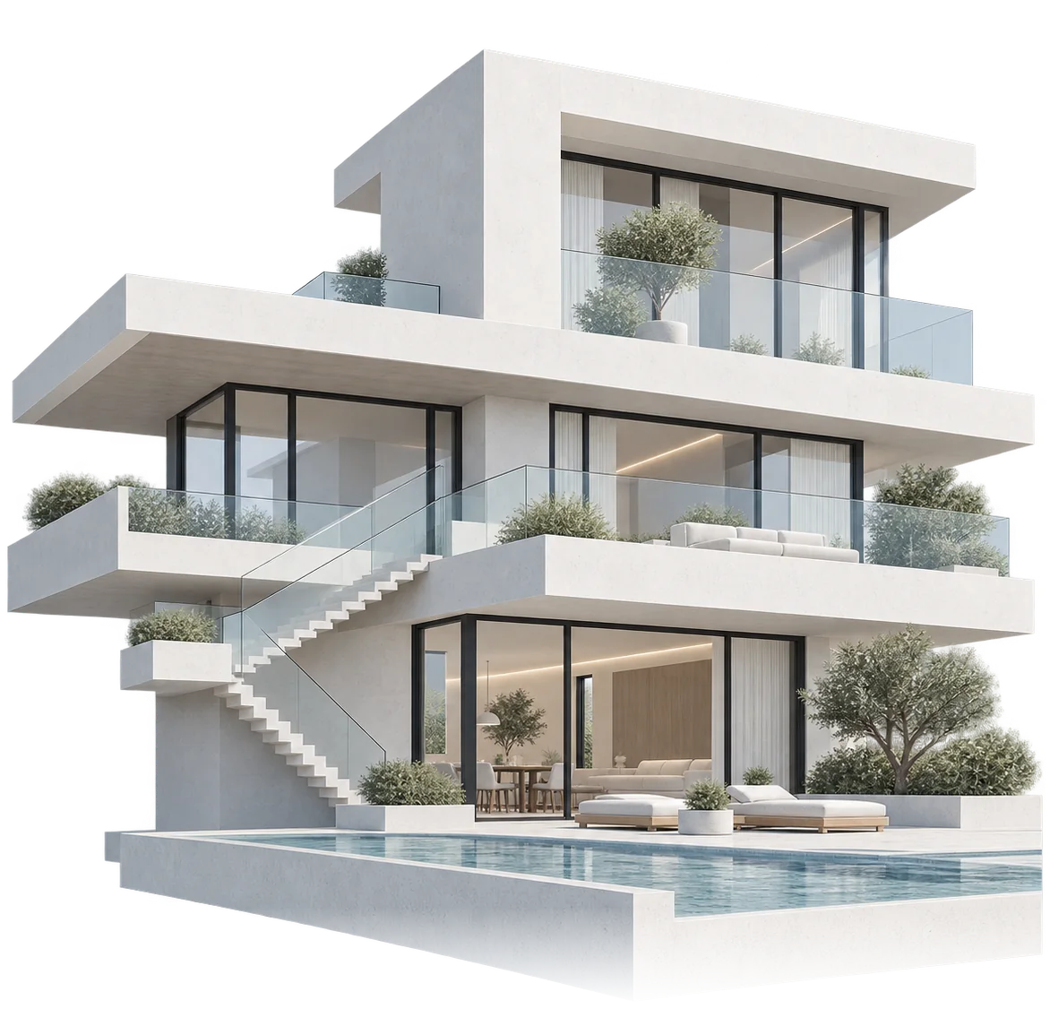 Villa blanche contemporaine sur trois niveaux avec piscine